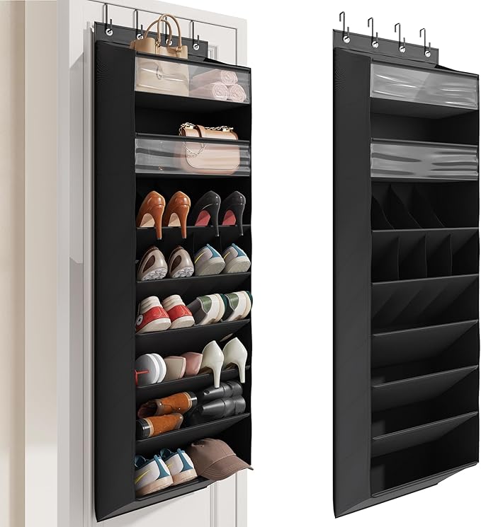 Over the Door Shoe Organizer for Closet, Shoes Rack with 8 Tier Large Deep Pockets, Hanging Shoe Organizers for Boot Storage, Behind the Door Narrow Shoe Holder for Small Shoes, Black