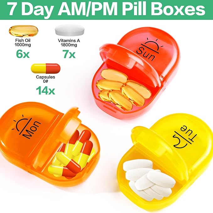 Serfeymi Weekly Travel Pill Organizer 2 Times A Day AM PM Upgraded Rainbow Pill Box 7 Day with Portable Zipper PU Leather Pill Case, Medicine Organizer for Pills, Vitamins, Fish Oils - Purple 02