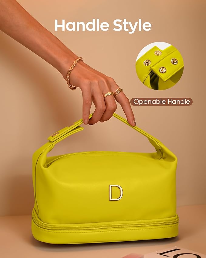 Gifts for Women 30s, Personalized Makeup Bag with Handle, Initial Double Layer Cosmetic Bag with Makeup Brush Organizer, Cute Cosmetic Pouch for Women, Gifts for Friends Female Mom