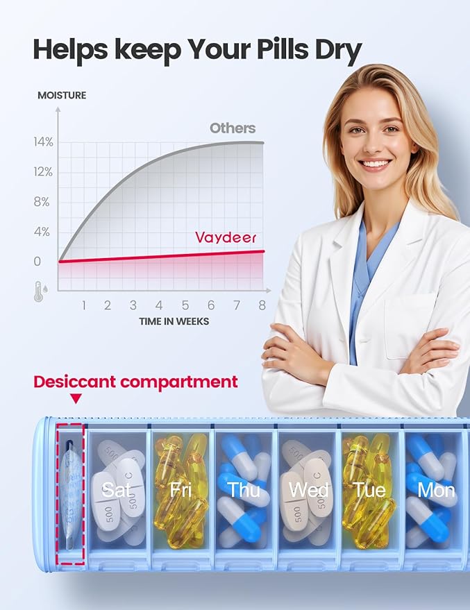 Vaydeer Metal Travel Pill Organizer, 7 Day Weekly Pill Box, Large Capacity Daily Cute Pill Case for Supplements, Pills, Vitamins and Medication (Small, Champagne)