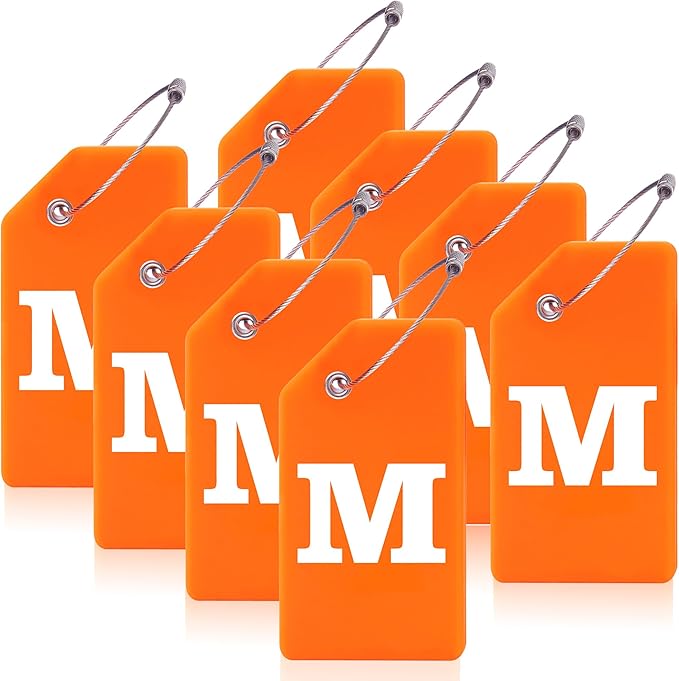 8 Pcs Luggage Tags for Suitcases, 26 Initial Letter Travel Luggage Baggage Identification Labels ID Tags Fully Bendable Tags with Stainless Steel Loop (Letter M, Orange)