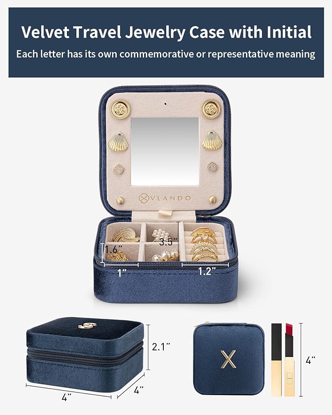 Vlando Travel Jewelry Case for Women Girls, X Initial Jewelry Box, Small Jewelry Box, Travel Jewelry Box for Women, Travel Jewelry Case, Travel Gifts for Women Girls - Letter X, Dark Blue
