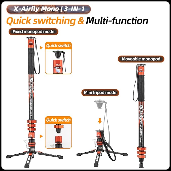 Fotopro Carbon Fiber 3-in-1 Monopod, 73" Travel Monopod with Feet, Max Load 22lbs for DSLR Camera Stabilizer, X-Airfly Mono Grey