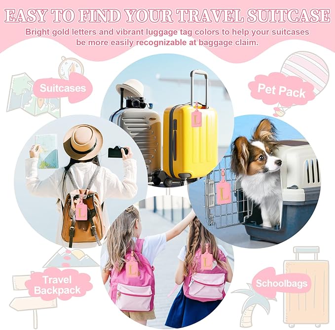 Personalized Initial Luggage Tags for Suitcase, Pink Leather Cute Luggage Tags with Privacy Cover Name Card, Embroidered Custom Monogrammed Luggage Tag Travel Bag Baggage Tags Gifts for Women Kids(L)