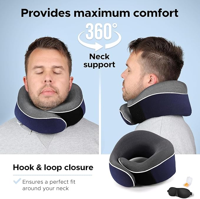 Travel Neck Pillow, Best Memory Foam Airplane Pillow for Head Support Soft Adjustable Pillow for Plane, Car & Home Recliner Use (Blue)