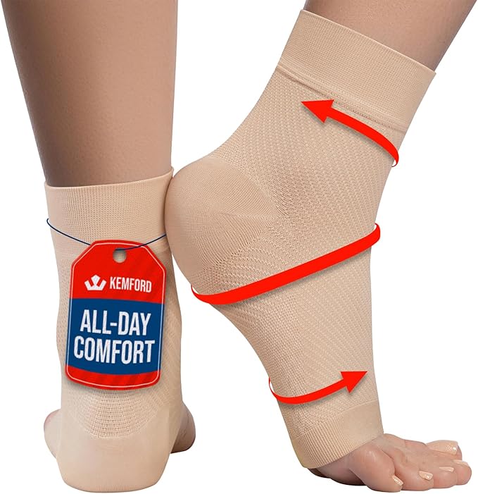 KEMFORD Ankle Compression Sleeve - Plantar Fasciitis Braces - Open Toe Compression Socks for Swelling, Sprain, Neuropathy, Foot Arch Support for Men and Women - 20-30mmhg, M, Beige