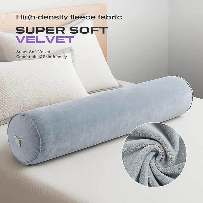 ETROL Inflatable Body Pillow for Adults, 35-inch Long Pillows for Bed, Bolster Pregnancy Pillows for Sleeping, Inflatable Travel Full Body Pillow, Hug Round Pillow for Side Sleeper, Soft Velvet, Grey