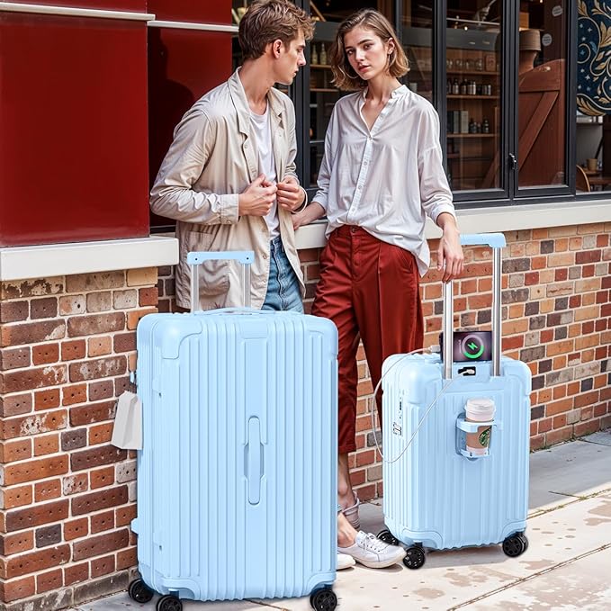 Krute Luggage Sets 2 Piece Suitcase with Spinner Wheels PC+ABS Hardside Suitcases Charging Port TSA Lock Carry On Luggage with Cup Holder 20+28 Inch