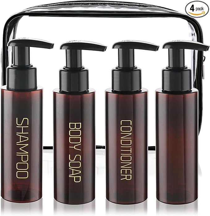 Travel Bottles Plastic Pump Bottle Dispenser TSA Approved 3.4oz/100ml 4 Pack Travel Refillable Shampoo and Conditioner Bottles Empty Travel Size Bottles for Cosmetic, Lotion, Liquid Soap (Brown)