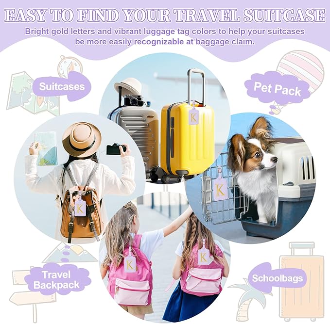 Personalized Initial Luggage Tags for Suitcase, Purple Leather Cute Luggage Tags with Privacy Cover Name Card, Embroidered Custom Monogrammed Luggage Tag Travel Backpack Tags Gifts for Women Kids(K)