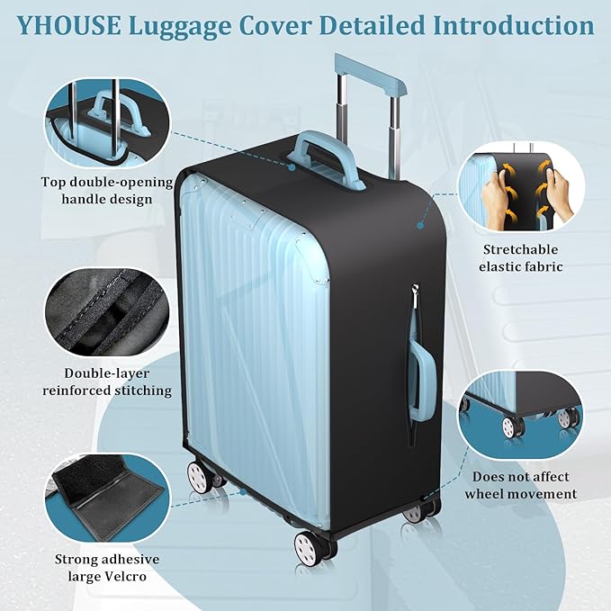 Upgraded Elastic Luggage Cover Protector - Stretchable Black Cloth + Clear TPU, Fit 26 Inch Wheeled Suitcase TSA Approved, Waterproof & Anti-Scratch, Includes Free Red Luggage Tag