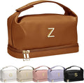 College Girl Gift Ideas, Personalized Makeup Bag with Handle, Initial Double Layer Cosmetic Bag with Makeup Brush Organizer, Cute Cosmetic Pouch for Women, Gift Ideas for Co Workers