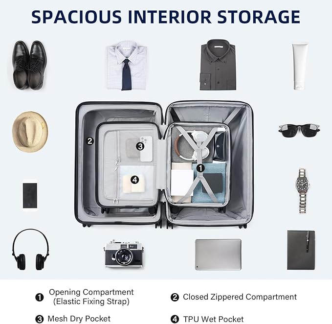 Hard Shell Suitcases Expandable Travel Luggage Sets 2 Piece, Carry on and Check in Luggage Lightweight Suitcase Set 2 Piece with Wheels Cup Holder Charger Built in (Silver, 20/28)