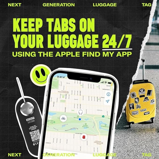 Knog Scout iOS Smart Tag, Tracker & 85d Alarm – Rechargeable Luggage Tag Compatible with iOS App & Apple Find My, Digital Contact Info, Remote Chime, Low Battery Alerts, Water-Resistant, Black
