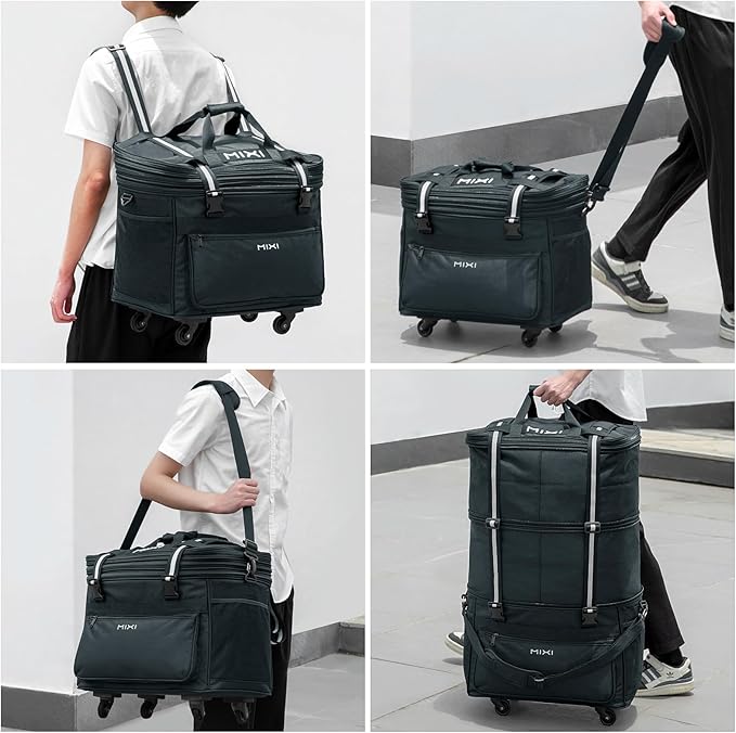mixi Travel Bag with Wheels Expandable Foldable Luggage Bag Collapsible Rolling Travel Bag Duffel Bag Large Capacity Suitcase for Men Women, Dark Gray