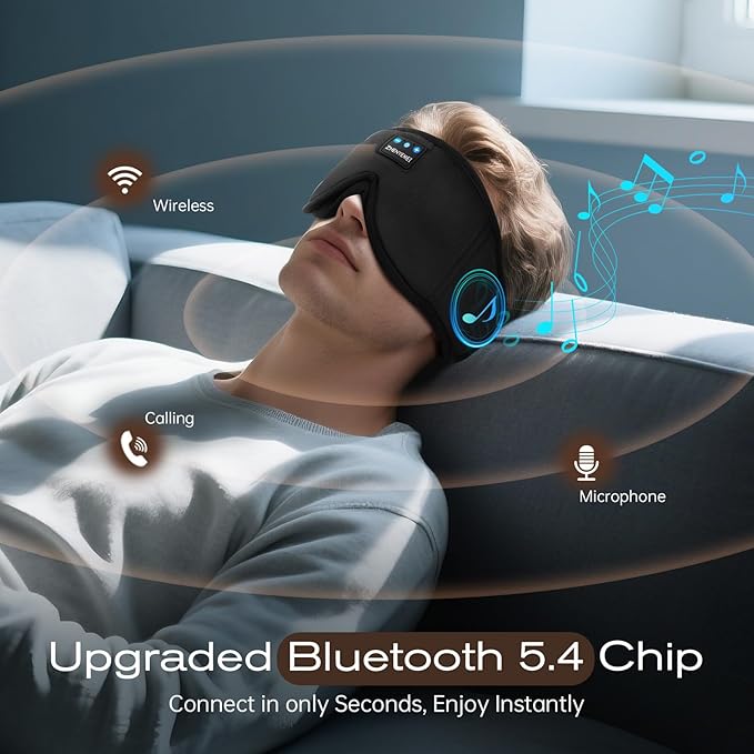 3D Sleep Mask with Bluetooth Headphones, Sleeping Headphones for Side Sleepers, Wireless Music Eye Mask with Ultra-Thin Stereo Speakers for Men, Women, Tech Gifts, Black