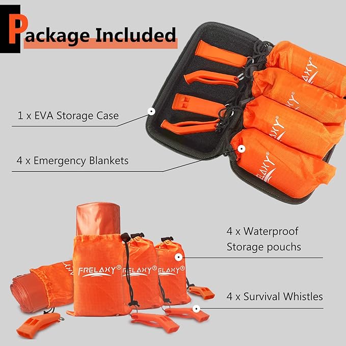 Frelaxy Emergency Blanket 2-Pack/4-Pack, Extra-Thick Extra-Large Space Blankets with Whistles, Storage Pouchs, and EVA case