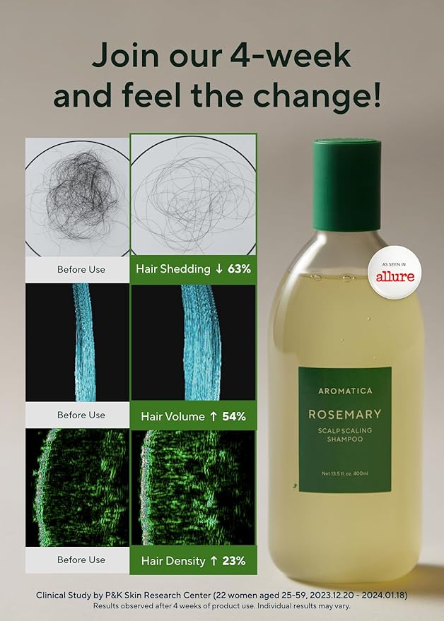 AROMATICA Rosemary Scalp Scaling Shampoo - Korean Hair Care with Thinning Hair Loss Natural Rosemary Essential Oil for Women - Vegan Hair Growth - Free from Sulfate, Silicone, and Paraben (13.53 oz)
