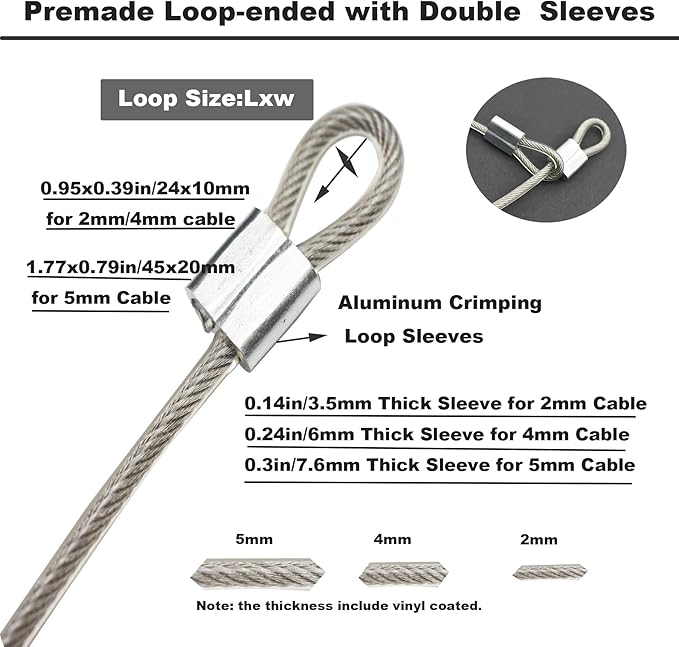 10 Pcs 2mm Wire 24 inch Vinyl Coated Stainless Steel Cable with Loops Short Wire Rope Lanyard Lock Security Chain Link for Outdoor Gates, Clear (2mm x 24inch)