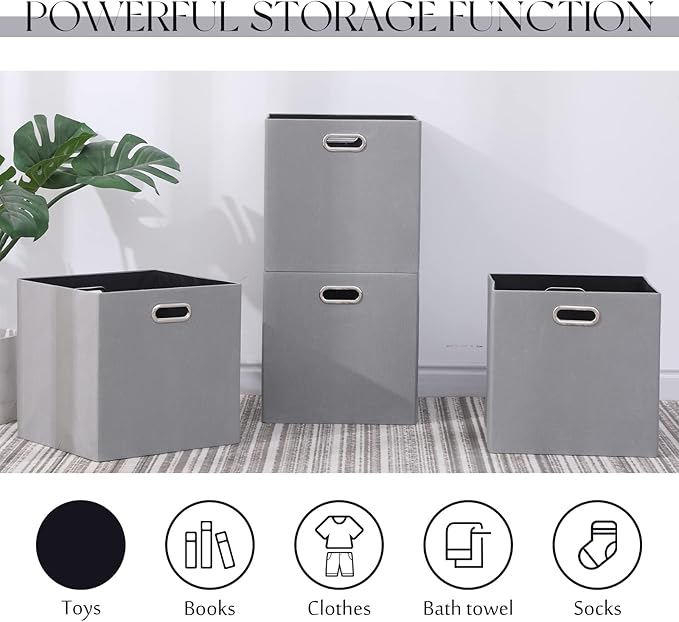 Cube Storage Bins 13×13 Polyester Foldable Box with Handles, Collapsible Organization Basket Set of 4 Large Capacity Drawer for Closet Shelf Cabinet Bookcase Bedroom, Light Gray