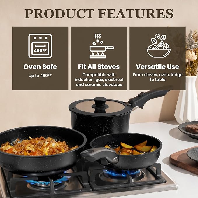 KIKCOIN 24 Pack Pots and Pans Set Non Stick, Detachable Handle Cookware Set, Induction RV Kitchen Cooking Set with Removable Handle, Frying Pans, Egg Pan - Dishwasher/Oven Safe, PFOA Free