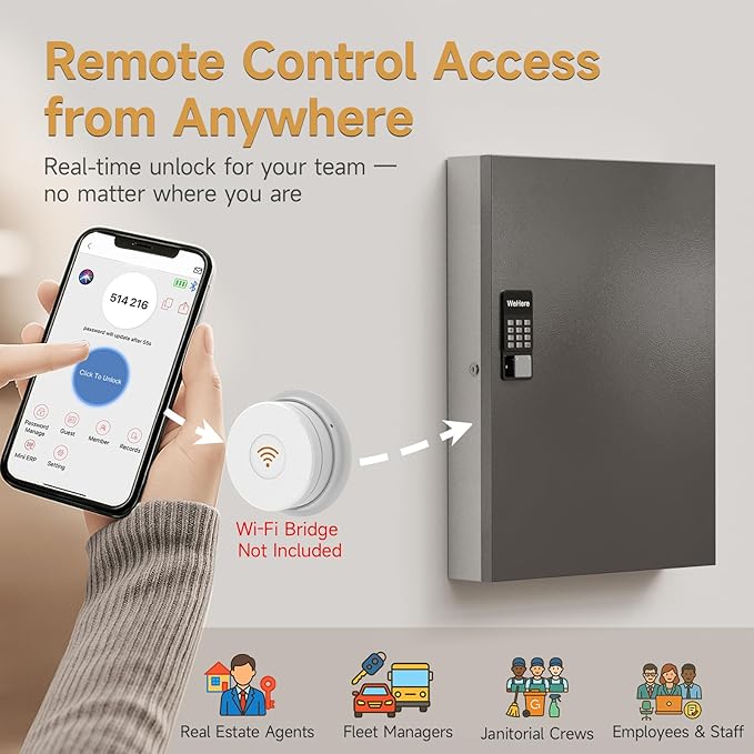 192 Key Cabinet Organizer,Metal Key Lock Box Wall Mount use OTP Technology Unlock,Fixed Password/Bluetooth/OTP Share Half-Remote Unlock,Security Lockbox for Key Management Hook & Storage