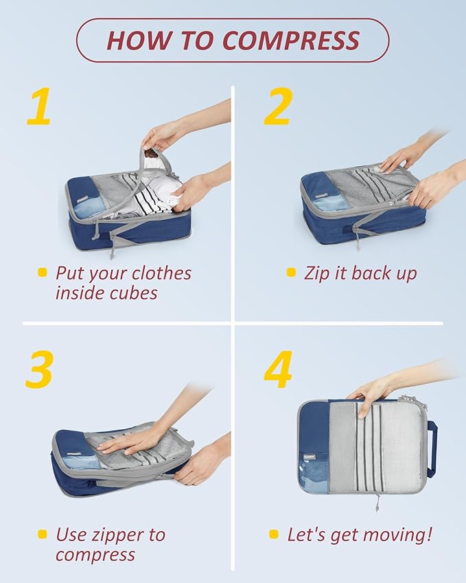 BAGSMART 6 Set Compression Packing Cubes - Lightweight Travel Essentials, Durable Luggage Organizer