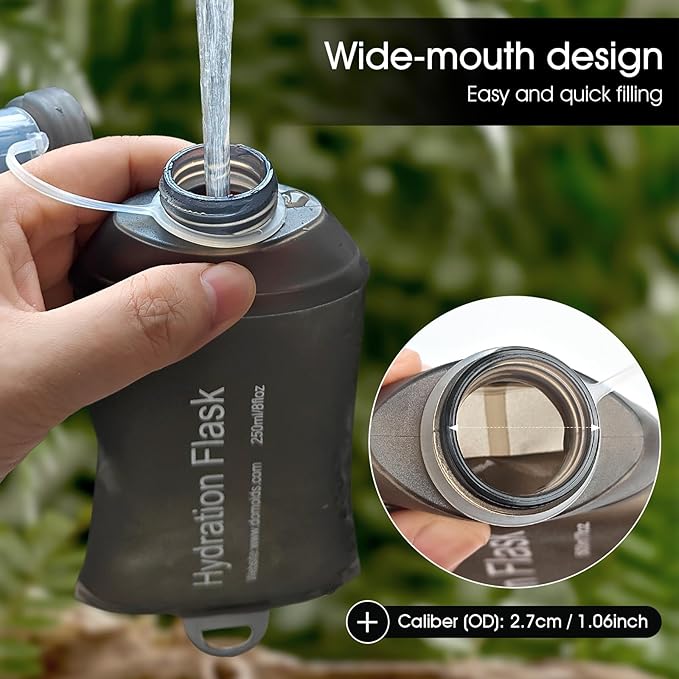 GYGYL Soft Flask, TPU Collapsible Soft Water Bottle for Hydration Pack, Running Vest, Leak-Proof Folding Water Bottle for Hiking Cycling Climbing Jogging-250ml Grey