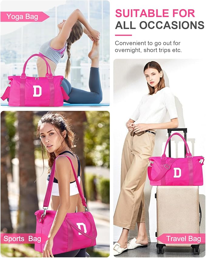 Overnight Bag for Kids Teen Girls Weekender Dance Bag Birthday Graduation Gifts,Initial Travel Duffel Bag Sports Gym Bag Personalized Weekender Bag Carry On Bags Preppy Gifts for Women(Hot Pink, D)