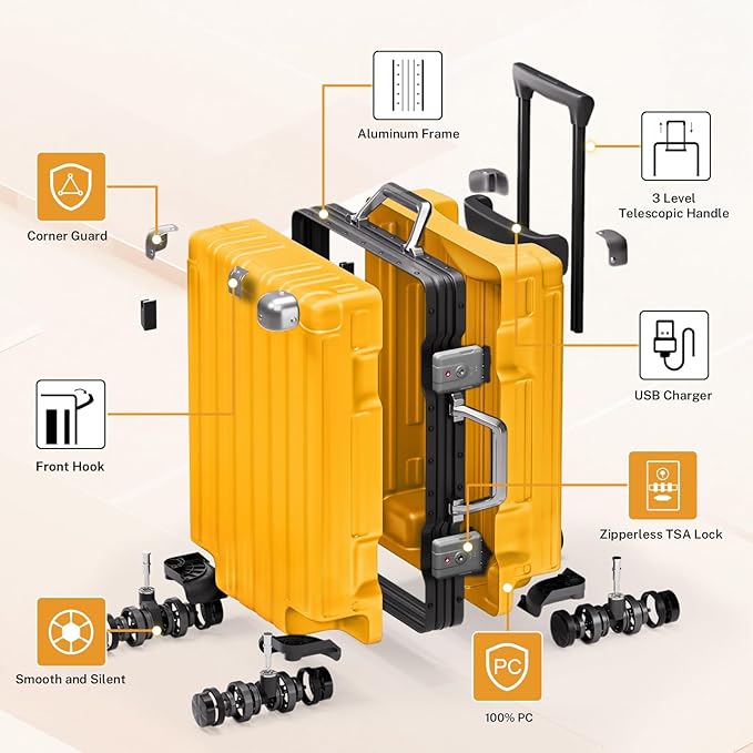 Krute Checked Aluminum Frame Suitcase 24 Inch Zipperless Luggages Hardside PC Luggage With Spinner Wheels TSA Lock USB Charger Suitcases(1 Piece)