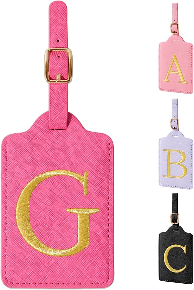 Personalized Rose Red Leather Initial Luggage Tags with Privacy Cover Name Card, Custom Monogram Embroidered Cute Suitcase Tags for Women Kids