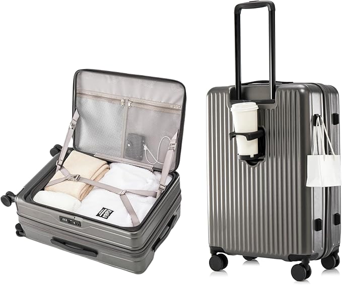 HotWay 20 Inch Expandable Carry On Luggage with Cup Holder, Hardside TSA Approved Luggage with Spinner Wheels, Top Opening Suitcase For Travel, Gray