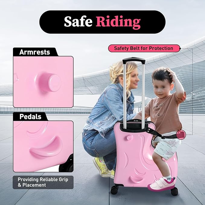 20 Inch Children's Ride On Trolley, Toddler Luggage Seat Ride with Lock, Kid's Ride-on Travel Suitcase with Spinner Wheels, Kids Travel Trolley Riding Luggage Suitcase for Boys Girls Gift, Pink