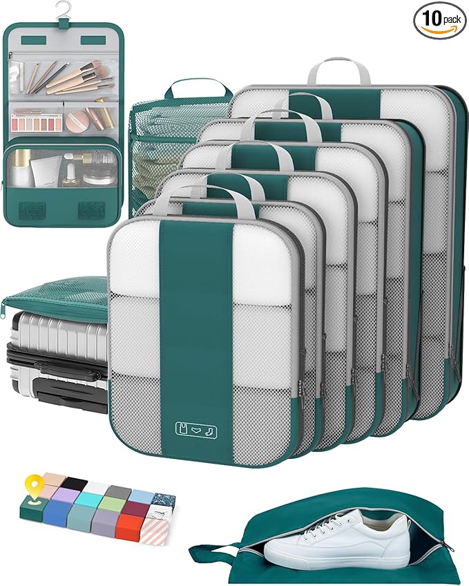 10 Set Compression Packing Cubes for Travel Essentials,Compressible Expandable Packing Cubes for Suitcase,OlarHike Luggage Organizer Bags,Handy Helper for Organizing Clothes(Dark Blue Green)