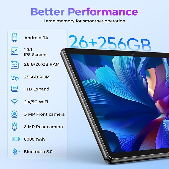 Android Tablet with Keyboard, 26GB RAM, 256GB ROM(1TB Expand), 10.1 inch Android 14 Tablet, 8000mAh Battery, BT 5.0, GMS Certified, 2.4G&5G WiFi, 2 in 1 Tablets with Mouse, Case, Stylus(Green)