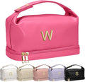 Gifts for College Girls, Personalized Makeup Bag with Handle, Initial Double Layer Cosmetic Bag with Makeup Brush Organizer, Cute Cosmetic Pouch for Women, Gifts for Friends Mom