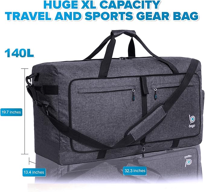 Bago Big XXL Foldable Duffel Bags for Traveling Women & Men - 140L Packable Duffle Bag for Travel with Shoe Compartment - Water Repellant, Heavy Duty, Lightweight Folding & Collapsible (SnowBlack)