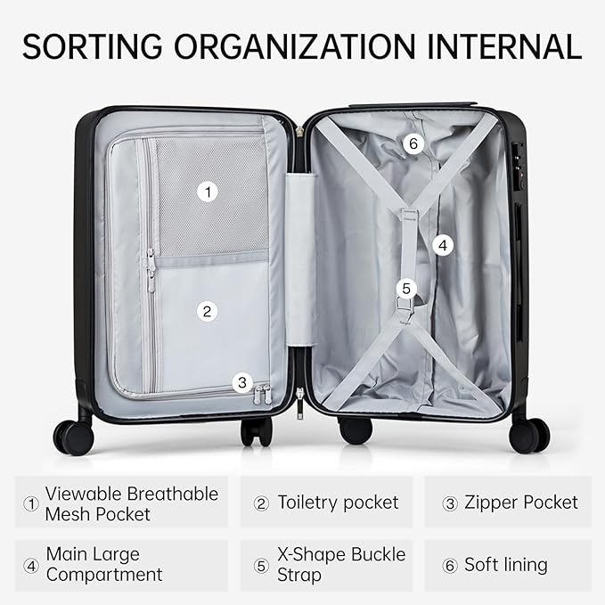 MILADA Luggage Sets With Spinner Wheels, Hard Shell Suitcases TSA Approved Travel Luggage, 3 Piece Luggage Set 20 Inch Carry On Luggage Medium Suitcase 28 Inch Large Suitcases, Black
