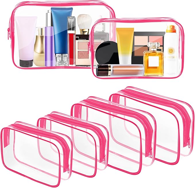 AURUZA 6 Pack Clear Toiletry Bag,Portable Travel Makeup Bags with Zipper, TSA Approved Clear Organizer Bags, PVC Cosmetic Pouch for Airport Airline Compliant (6 Packs Rose Red)