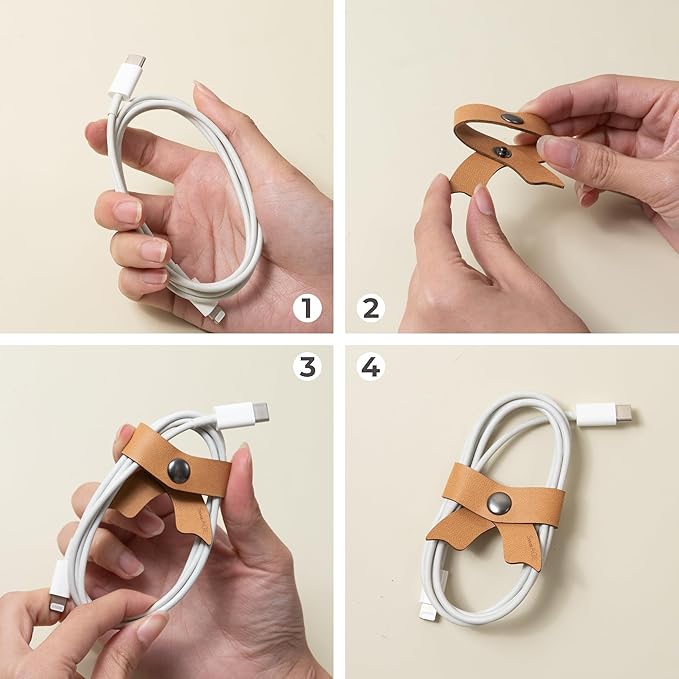 SenseAGE 5 Pack Cord Organizer, Bow Cord Keeper, Cable Organizer USB Holder, Leather Cable Management, Cable Straps, Earphone Winder, Storage Straps for Electronics, Earbuds (Moonlight Grey, Small)