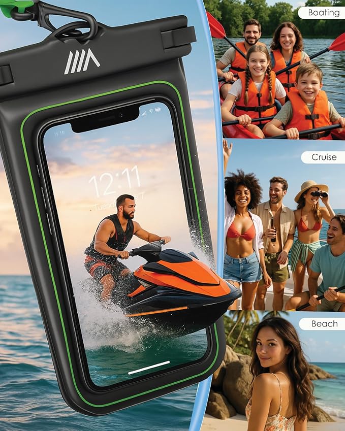 【2025 Upgraded】 8 Pack Black - IP68 Waterproof Phone Pouch Floating Design No Sink Waterproof Phone Case - Beach Pool Travel Essentials - Works w/All Phones - Detachable Lanyard - Black/Hi-Vis Green