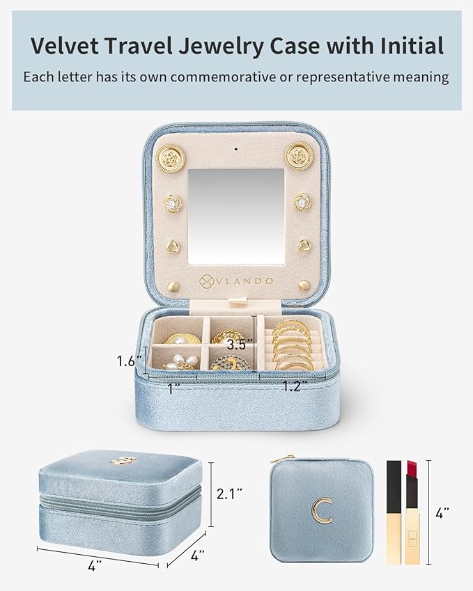 Vlando Travel Essentials for Women Jewelry Box, Travel Accessories for Teen Girl Trendy Stuff, Necklace Organizer Earrings Ring Organizer, Travel Must Have Jewelry Organizer - Letter C, Blue