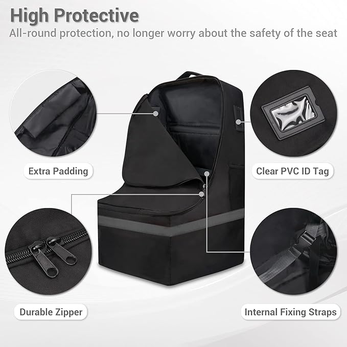 Car Seat Travel Bag - Padded, Comfortable, Durable, Roomy Gate Check Carseat Cover Backpack Fits 3-in-1，Convertible, Booster & Infant Car Seats for Airplane, Airport, Gray