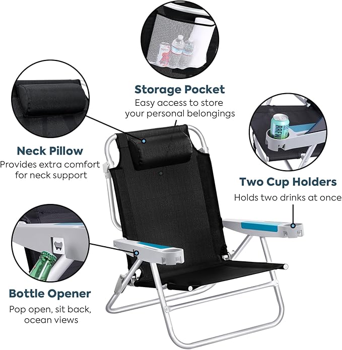 ICECO Backpacking Beach Chairs for Adults, 5 Positions Reclining Chair, Heavy Duty Folding Chairs, Portable Lay Flat Outdoor Chair with Cup Holder for Beach, Camping, Lawn, 350lb Capacity
