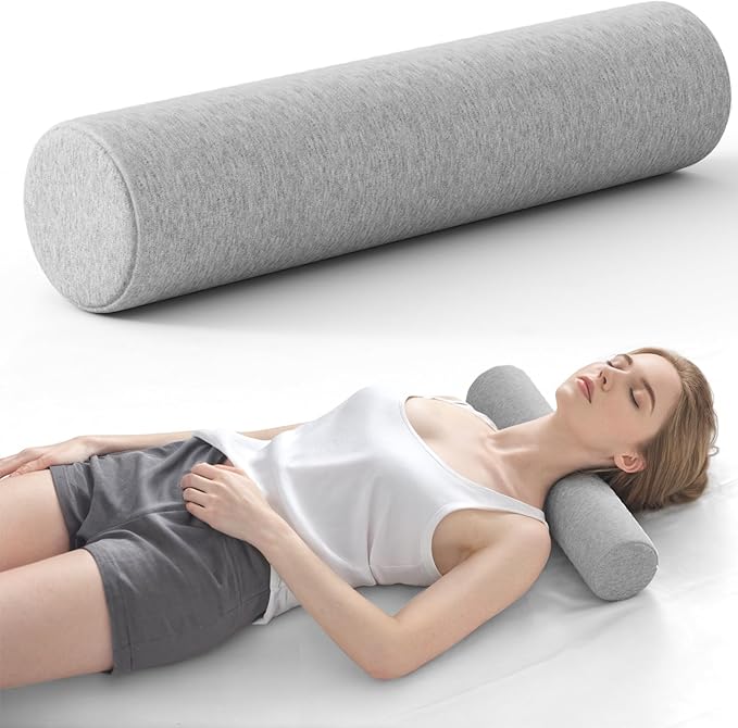 Neck Roll Pillow, Memory Foam Neck Support Pillows, Round Neck Pillows, Cylinder Bolster Pillows for Bed, Couch, and Yoga, Removable Washable Cover,18 * 4 * 4 inch (Grey)
