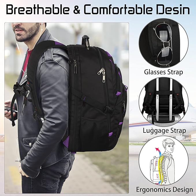 18.4 inch Travel Backpack Men Women, 55-60L Extra Large Laptop Backpack RFID Anti Theft TSA Friendly Flight Approved Backpacks, Water Resistant College School Heavy Duty With USB Charging Port, Purple