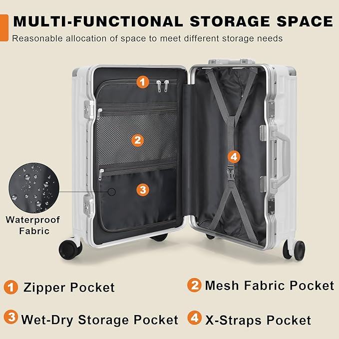 AnyZip Luggage PC+ABS Aluminum Frame Zipperless Checked Luggage Hard Shell Suitcase with TSA Lock Double Spinner Wheels 24 Inch White