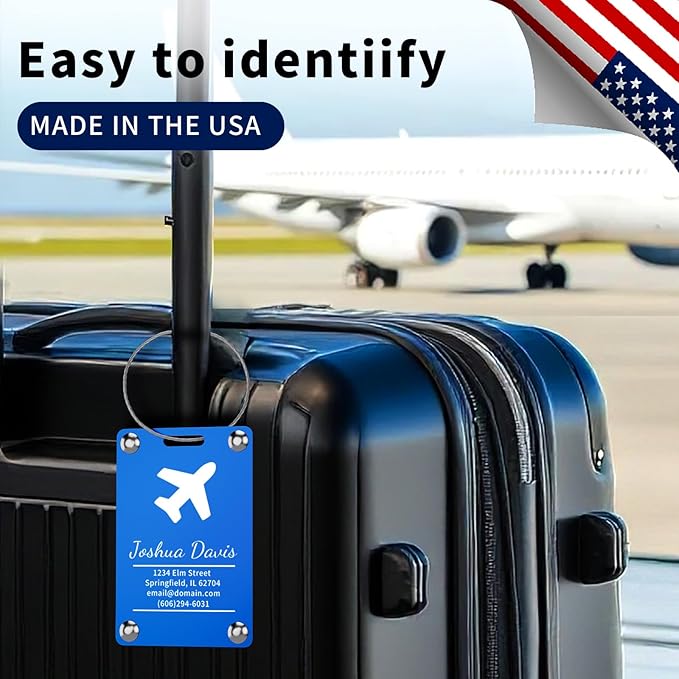 4 Pack Personalized Luggage Tags for Suitcases, Handmade Engraved Stainless Steel Custom Luggage Tags for Cruise Travel with Stainless Loop, Suitcase Identifier Metal Name Baggage Tag