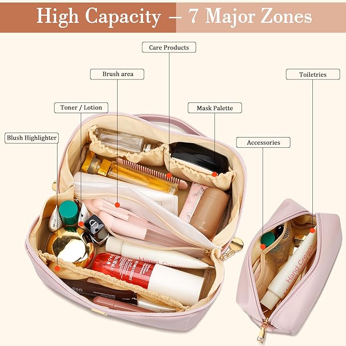 Birthday Gifts for Women Teen Girl, Personalized Initial Makeup Organizer Bag Set, Open Flat Travel Cosmetic Bag With Clear Divider and Handle(Pink,F)