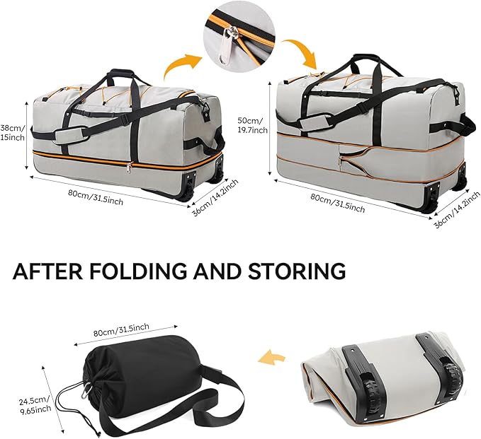 CONTAIL 32" Soft-Sided Rolling Duffle Bag with 2 Wheels,Expandable from 110L to 140L, Foldable Travel Duffel with Multiple Compartments,Grey